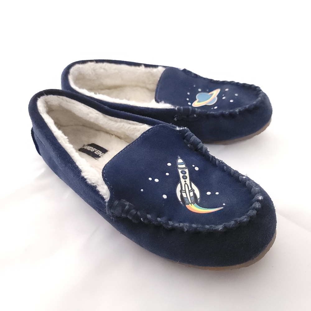 Lands End Youth 505757 Moccasin Loafer Slipper Navy Blue Suede Space Design 3 M